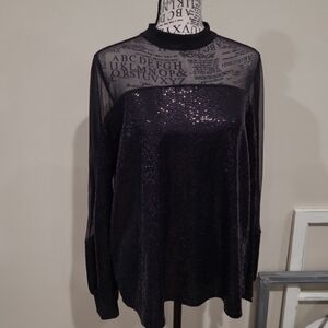 Nine West Women's SZ S black Sequin semi sheer mesh blouse. Lg. Sleeve mock neck